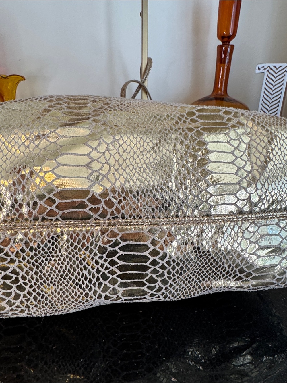 Carlos Falchi Metallic Gold Python-Embossed Tote w/Pouch - Picture 7 of 14